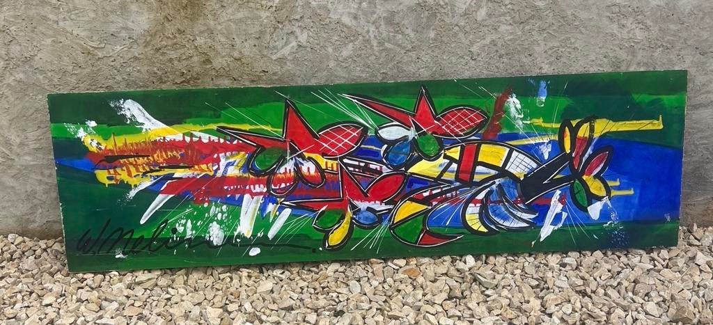 Abstract kunstwerk op houten paneel, 122x35 cm, Ophalen of Verzenden