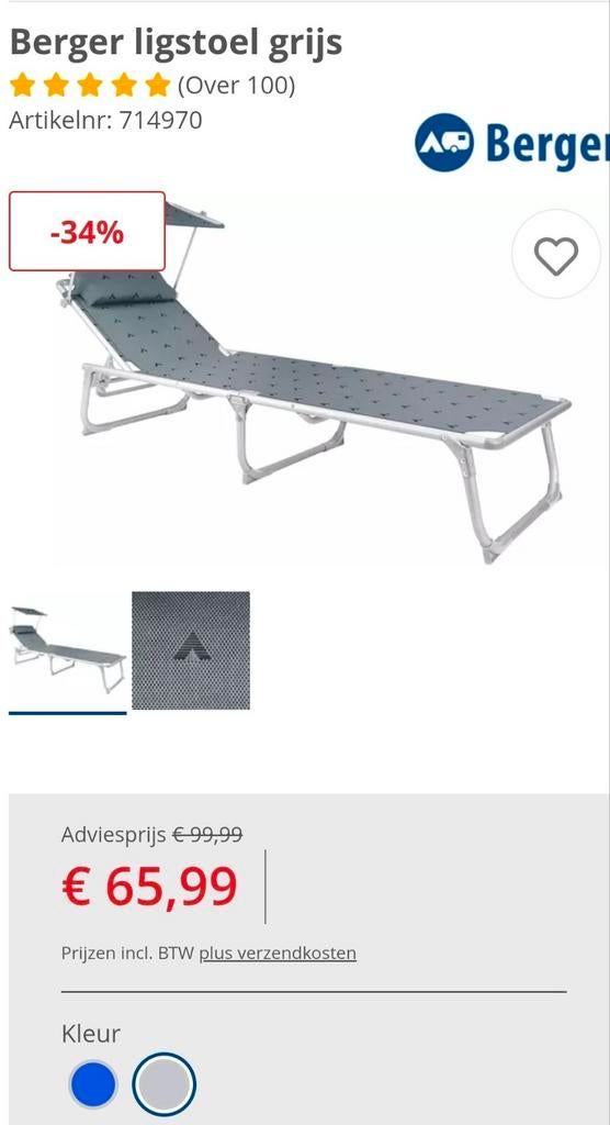 Berger ligstoel, ligbed in zeer nette staat, Ophalen, Zo goed als nieuw, Aluminium