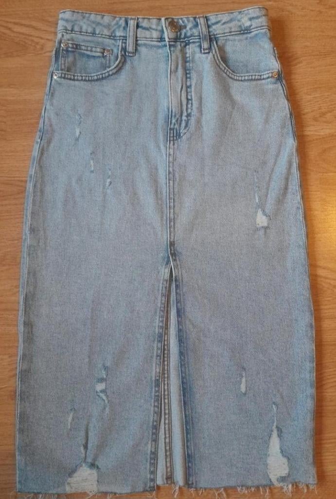 Spijkerrok lange jeans rok maat 34 (xs) ZGAN, Blauw, Ophalen of Verzenden, Zo goed als nieuw, Knielengte