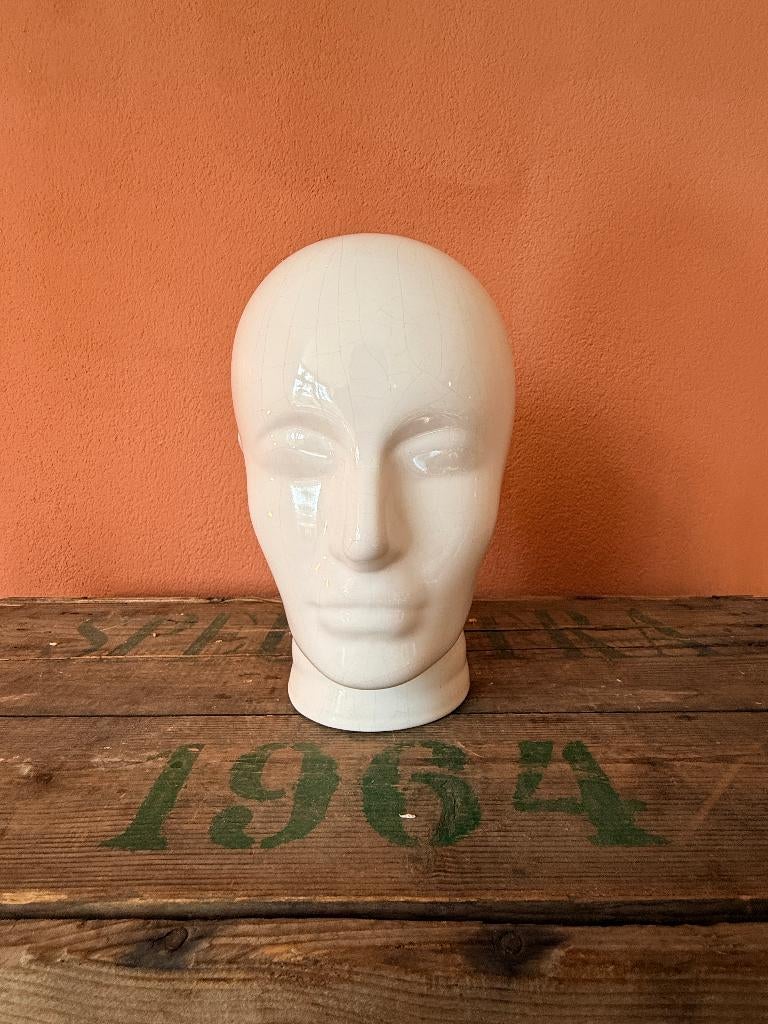 Vintage Keramieken Mannequin Hoofd – Witte Craquelé Glazuur, Ophalen, Zo goed als nieuw