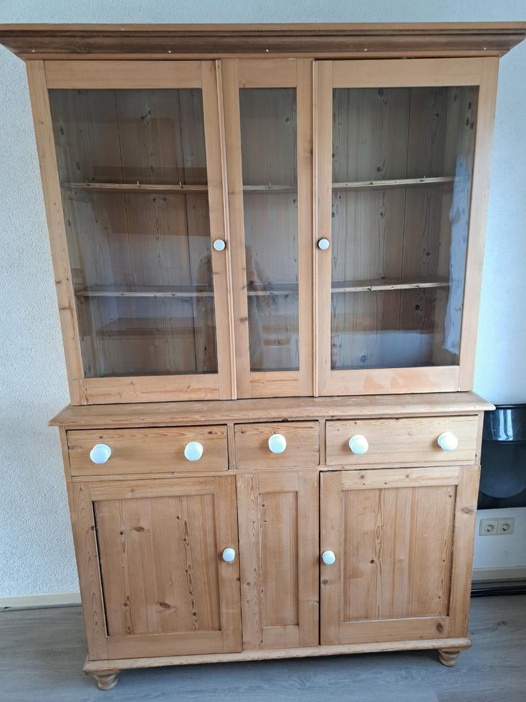 Grenen buffetkast met origineel glas en keramiek knoppen, Ophalen, 200 cm of meer, Grenenhout, Zo goed als nieuw