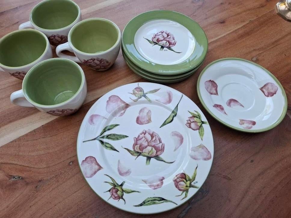 Jet ter Steege Peony servies groen rozen, Keramiek, Ophalen of Verzenden, Zo goed als nieuw, Overige stijlen