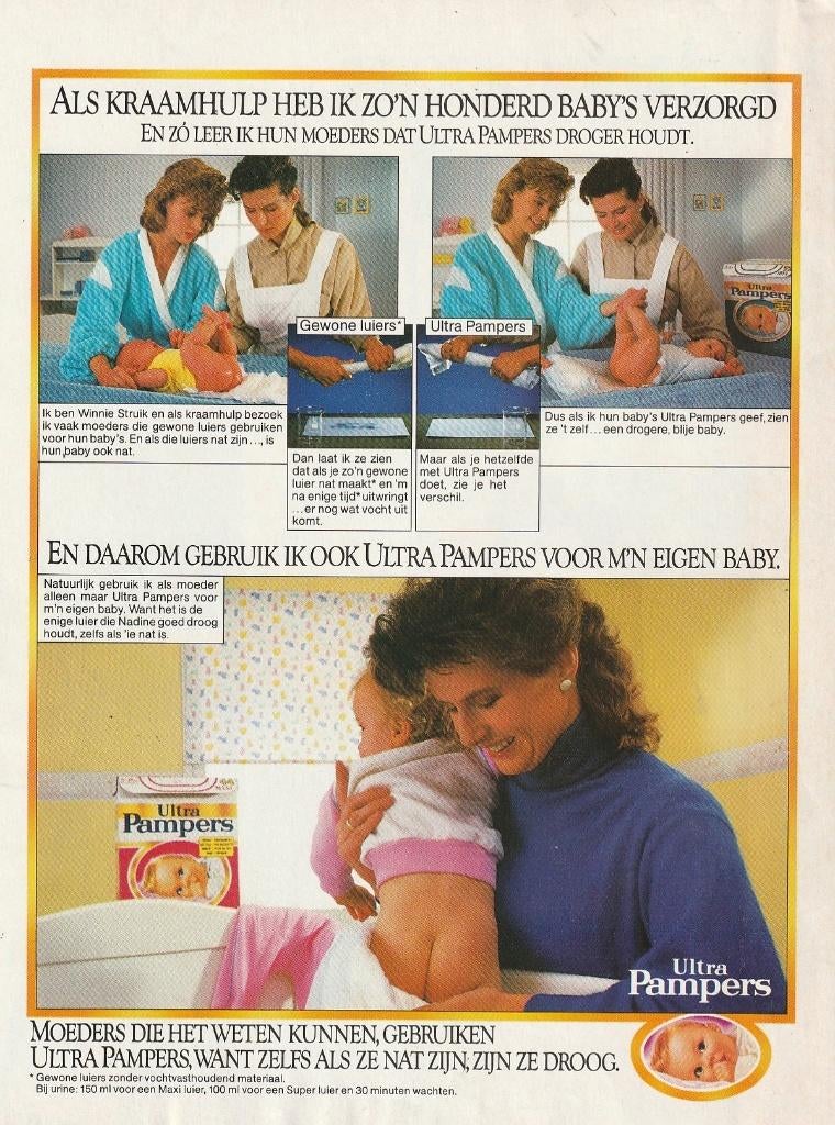 Retro reclame 1988 Pampers Ultra baby luiers Winnie Struik, Verzenden, Overige typen