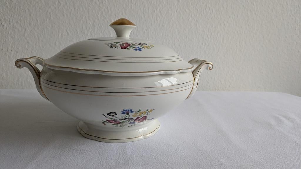 Franse Retro Vintage dekschaal bloemen en goud, Ophalen of Verzenden, Zo goed als nieuw, Overige stijlen, Schaal of Schalen