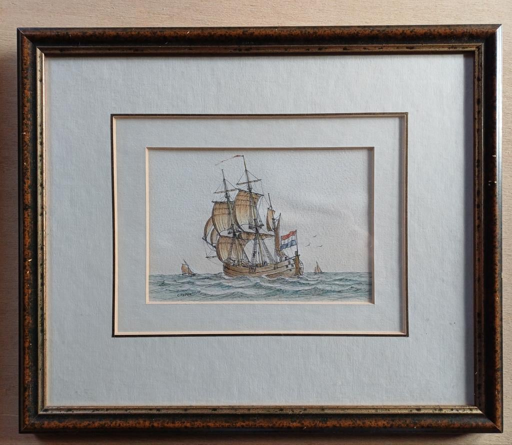 Fraai Ingelijste Driemaster / Zeilschip voor € 10, Antiek en Kunst, Ophalen