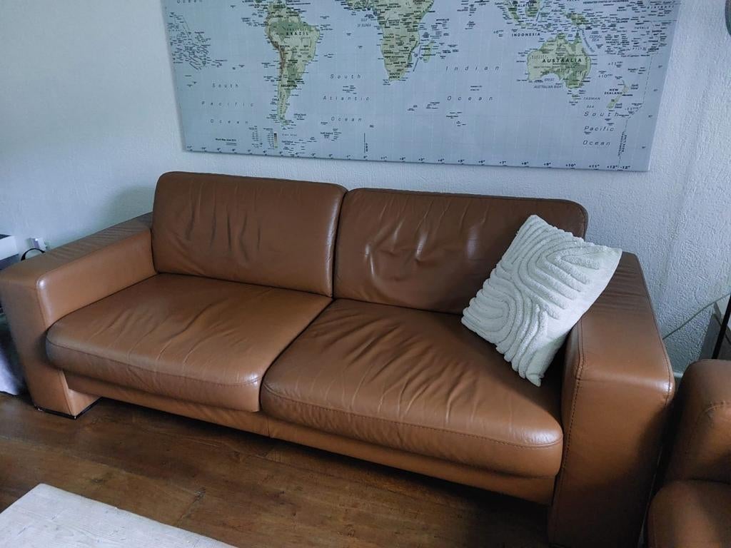 Cognac bruine lederen bank - 216 cm breed, Ophalen, Gebruikt, 75 tot 100 cm, 200 tot 250 cm