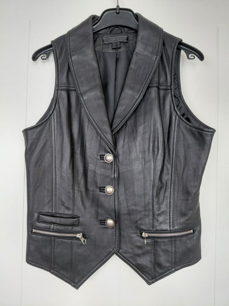 Zwart leren gilet vest Sao Paulo maat 36, Zwart, Ophalen of Verzenden, Zo goed als nieuw, Maat 36 (S)