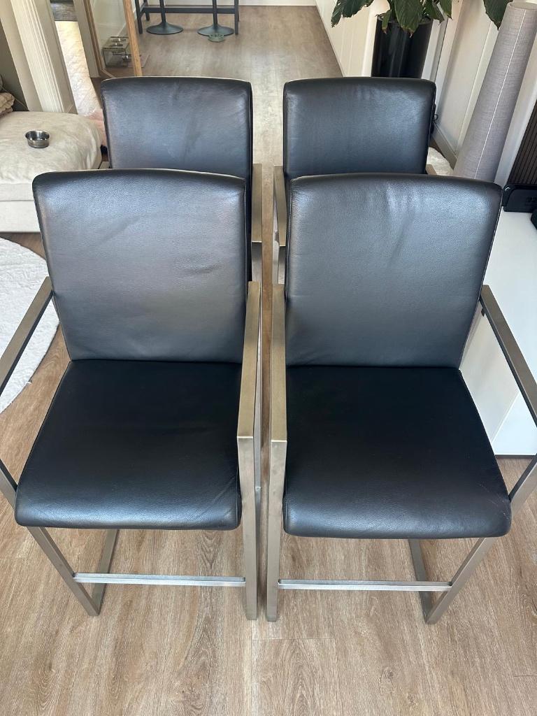 4 barkrukken rvs zwart leer 76 cm hoog, Ophalen, Gebruikt, 60 tot 90 cm, Leer