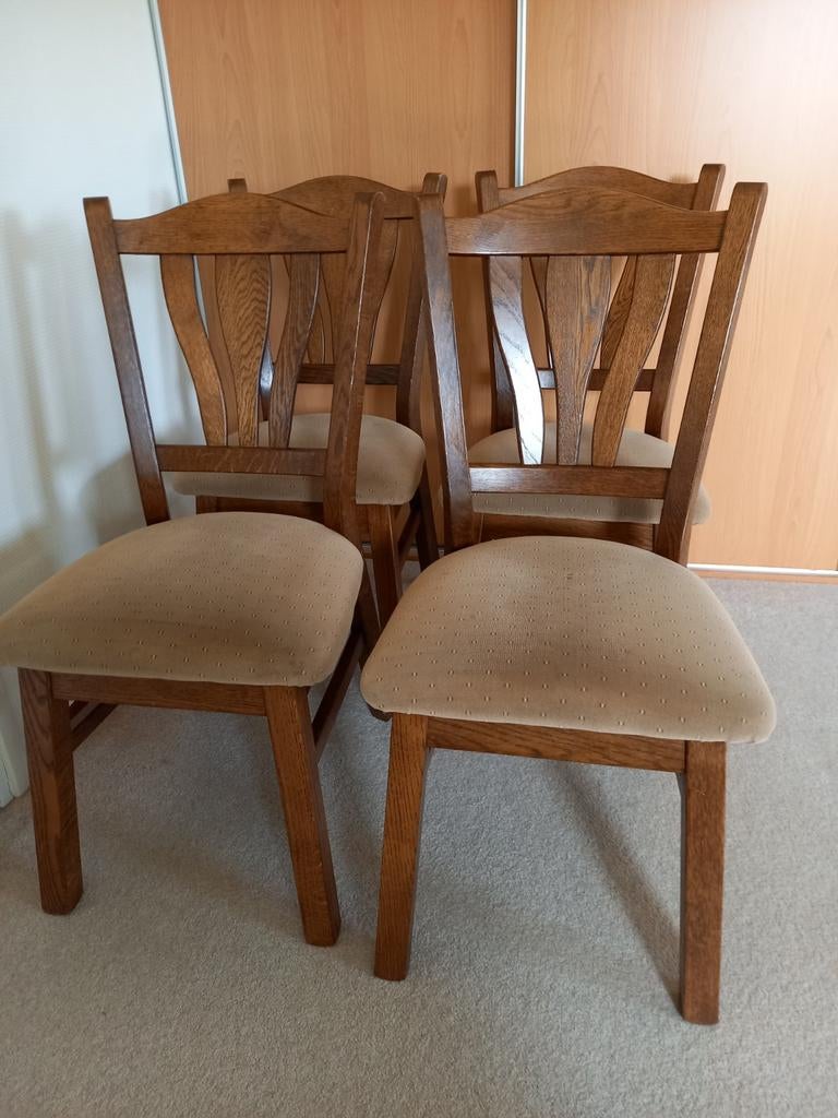 4 sterke eiken eetkamer stoelen., Ophalen, Bruin