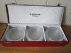 12 glazen onderzetters, in kistje van A. Jungerhans R'dam., Ophalen of Verzenden, Gebruikt, Glas of Kopje
