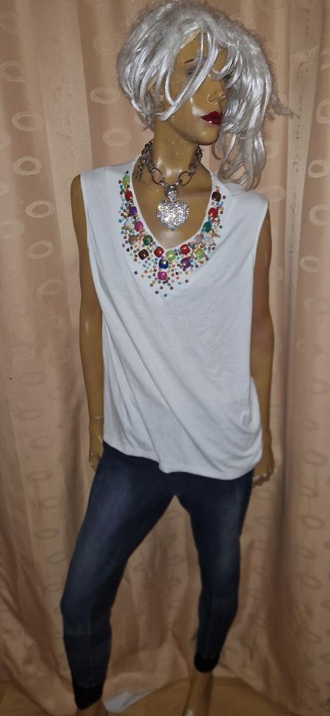Witte mouwloze top met kleurrijke kralen pause Cafe maat 52, Kleding | Dames, Wit, Maat 46/48 (XL) of groter, Ophalen of Verzenden