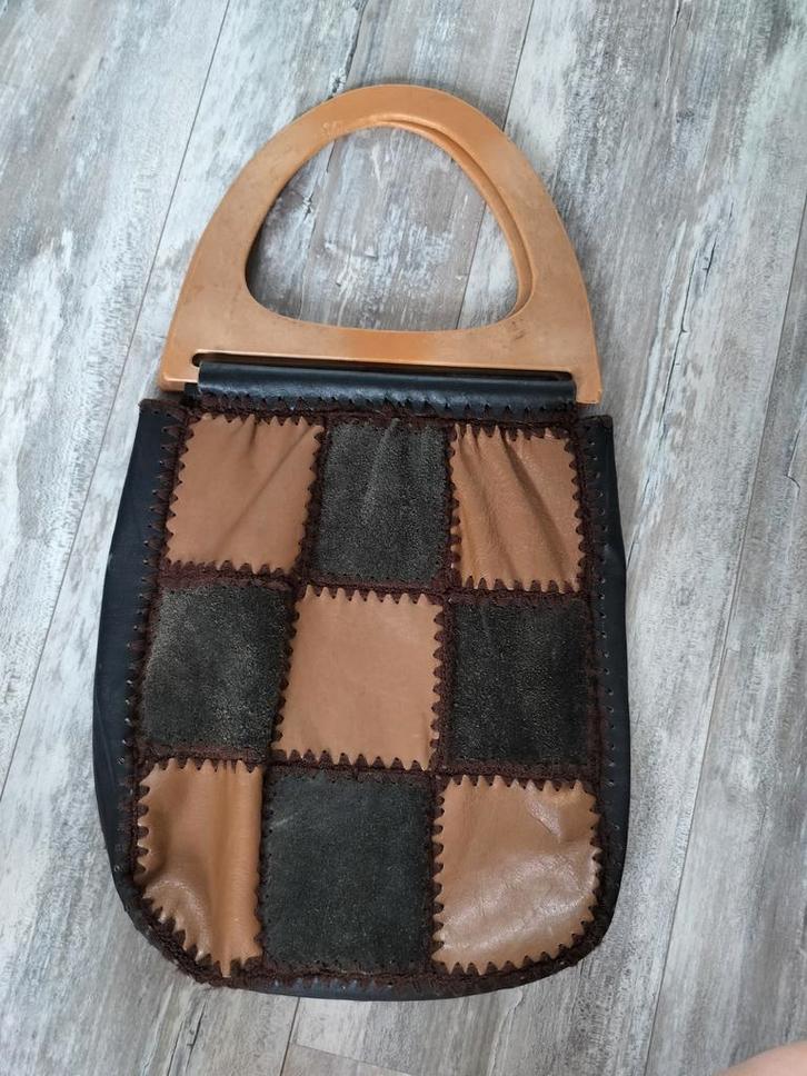 Vintage leren patchwork tas, Sieraden, Tassen en Uiterlijk, Tassen | Damestassen, Zo goed als nieuw, Handtas, Bruin, Ophalen of Verzenden
