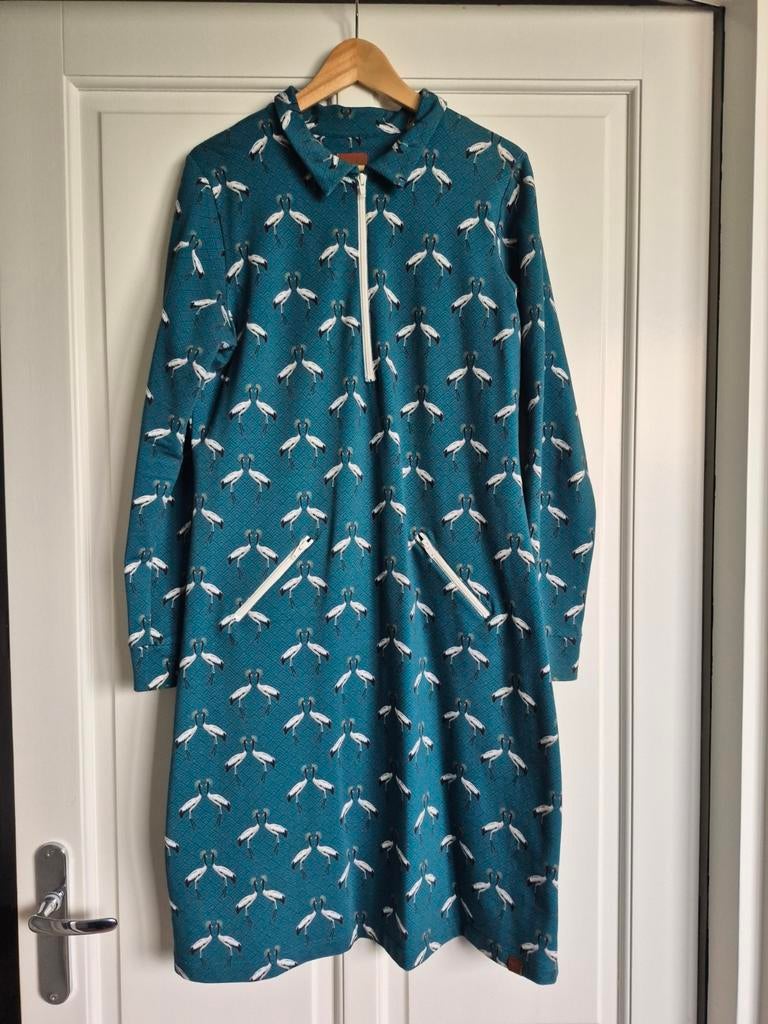 Mooi Vrolijk jurk XL, blauw met witte kraanvogels, Kleding | Dames, Blauw, Ophalen of Verzenden, Zo goed als nieuw, Knielengte