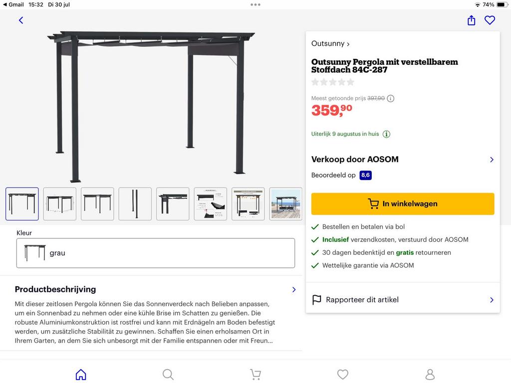 Outsunny pergola met verstelbaar zonnescherm grijs, Tuin en Terras, Ophalen, Gebruikt, Tuinpaviljoen