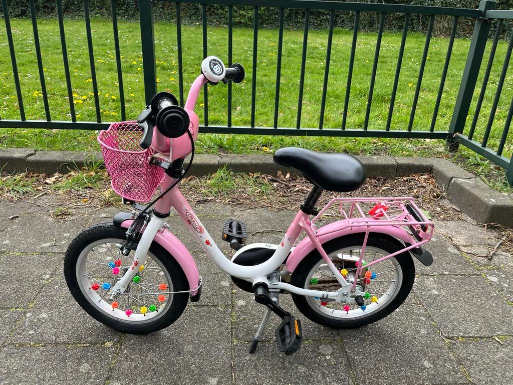 Kinderfiets 14 inch roze met mandje en terugtraprem, Fietsen en Brommers, Fietsen | Kinderfietsjes, Ophalen, Gebruikt, Minder dan 16 inch