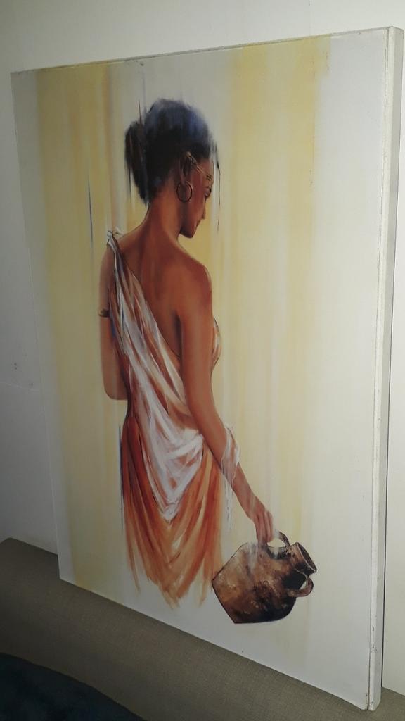 OPRUIMING, VROUW PORTRET, MET KRUIK. 50 bij  70 cm op mdf, Antiek en Kunst, Ophalen of Verzenden
