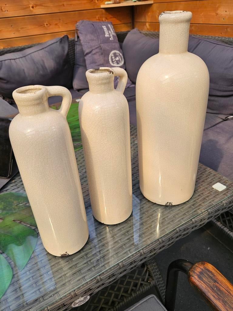 Set van 3 aardewerken kruiken met glazuur - beige, Ophalen of Verzenden