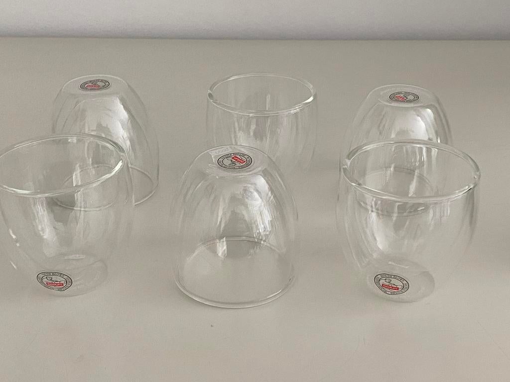 Zes Bodum dubbelwandige espresso glaasjes, Huis en Inrichting, Keuken | Servies, Verzenden, Zo goed als nieuw, Glas