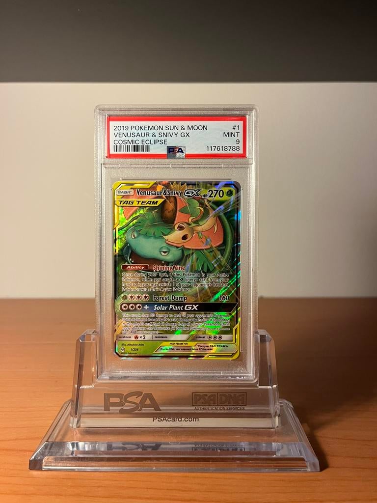 Venusaur & Snivy GX PSA 9 - Cosmic Eclipse, Ophalen of Verzenden, Zo goed als nieuw