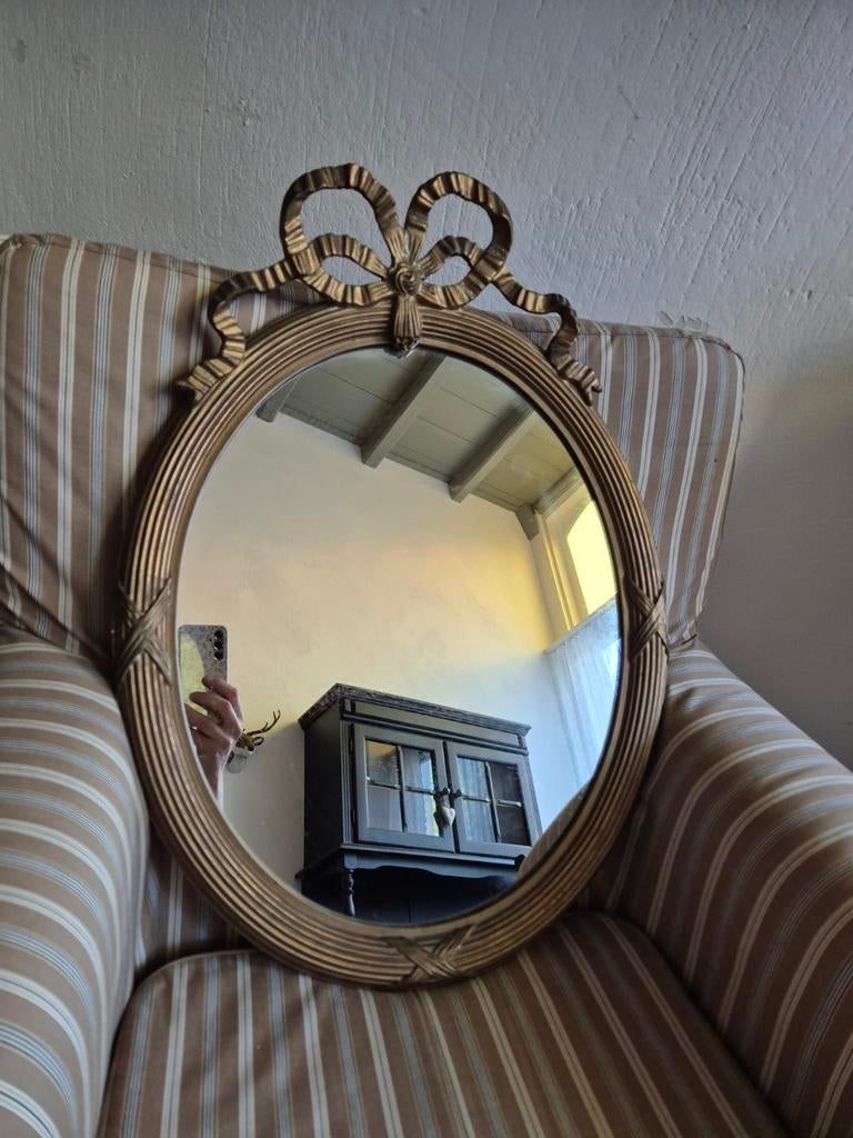 Brocante ovale spiegel met strikdecoratie, Ophalen, Ovaal, Minder dan 50 cm, Minder dan 100 cm