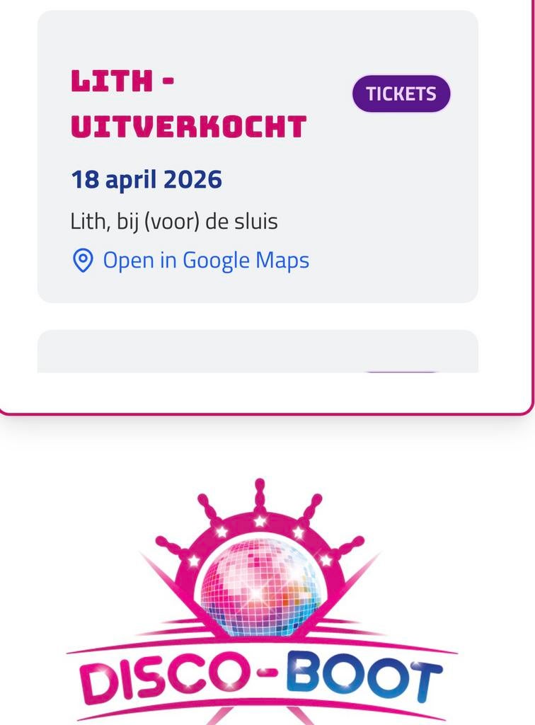 Kaartje disco boot / discoboot  in lith op zaterdag 18-4, Eén persoon