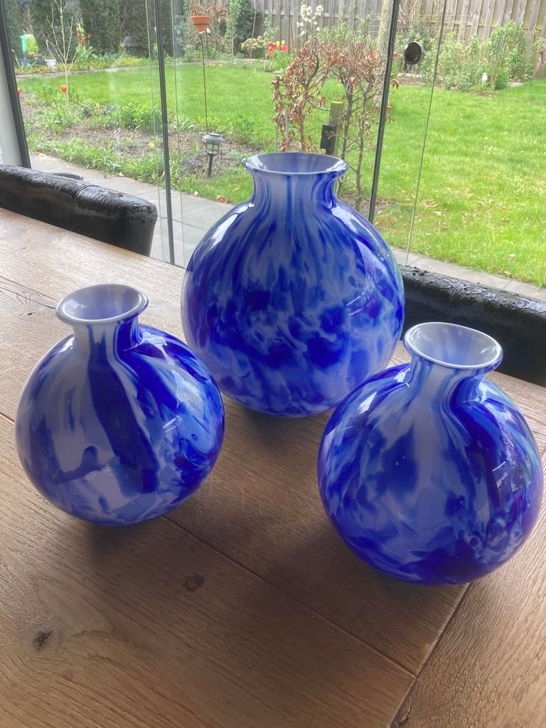 3 mooie blauwe vazen Fidrio, Antiek en Kunst, Ophalen of Verzenden