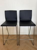 Zwarte lederen barkrukken 2 stuks, Huis en Inrichting, Barkrukken, Ophalen, Met voetsteun, 60 tot 90 cm, Leer