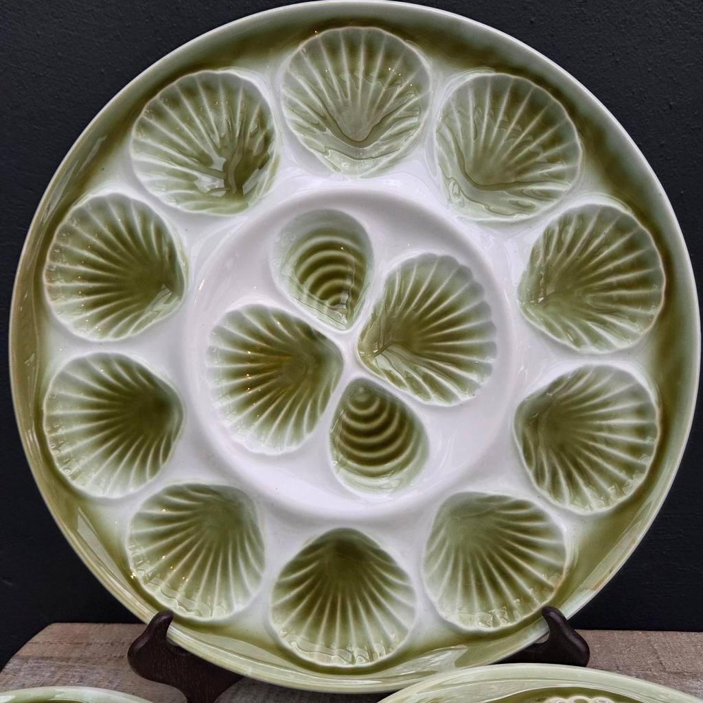 Vintage oesterschaal Moulin des Loups - Groen/Wit, Antiek en Kunst, Antiek | Servies los, Ophalen of Verzenden
