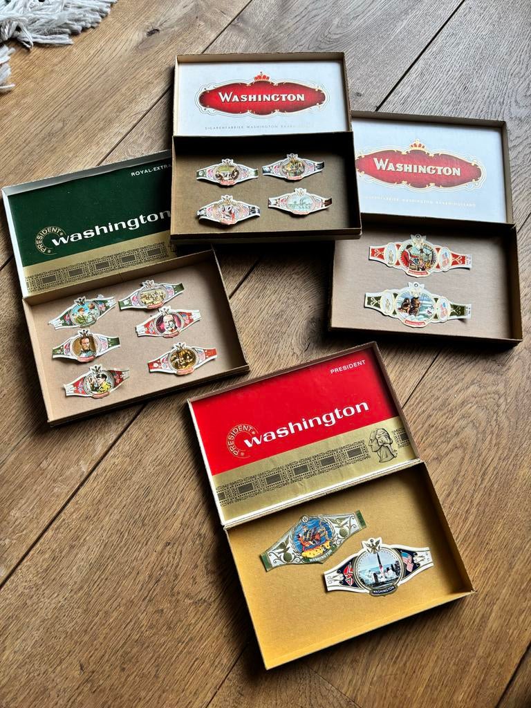 4 vintage Washington sigarendozen met bandjes tabak sigaren, Ophalen of Verzenden, Gebruikt, Verpakking