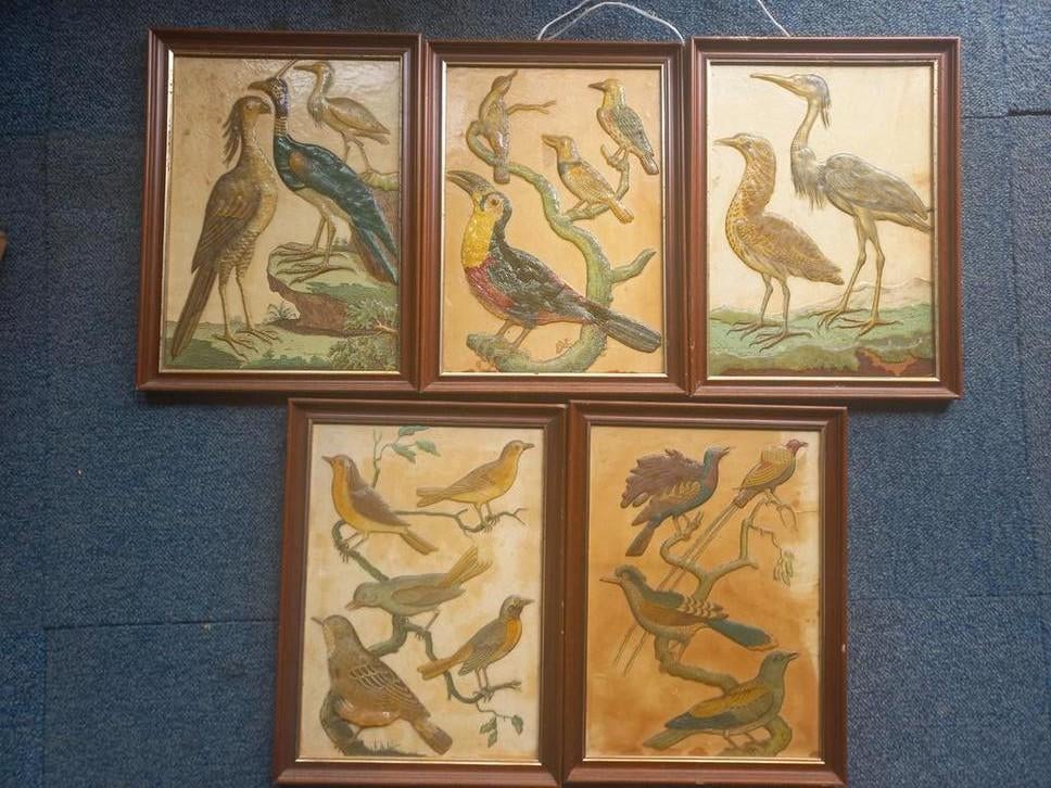 5 lijsten met reliëf vogels reiger toekan, Antiek en Kunst, Ophalen of Verzenden