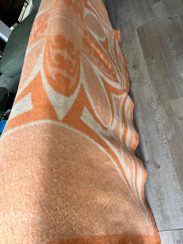 Mooie vintage wollen deken in wit oranje, Ophalen of Verzenden, Zo goed als nieuw