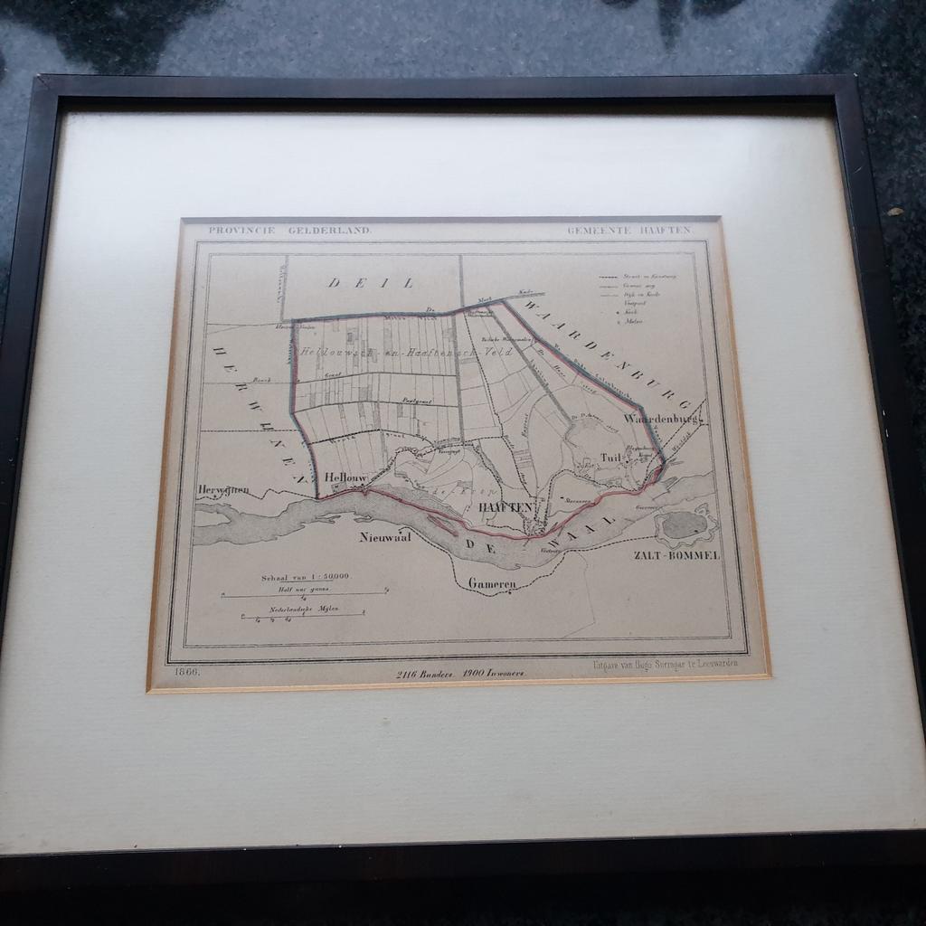 Historische kaart 1866 Haaften. aan de waal, Ophalen of Verzenden, 1800 tot 2000, Landkaart