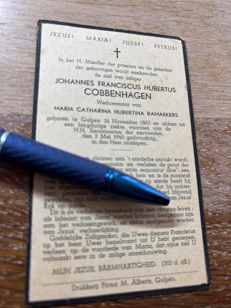 Cobbenhagen Johannes 1863 Gulpen 1940 x Ramaekers, Ophalen of Verzenden, Bidprentje