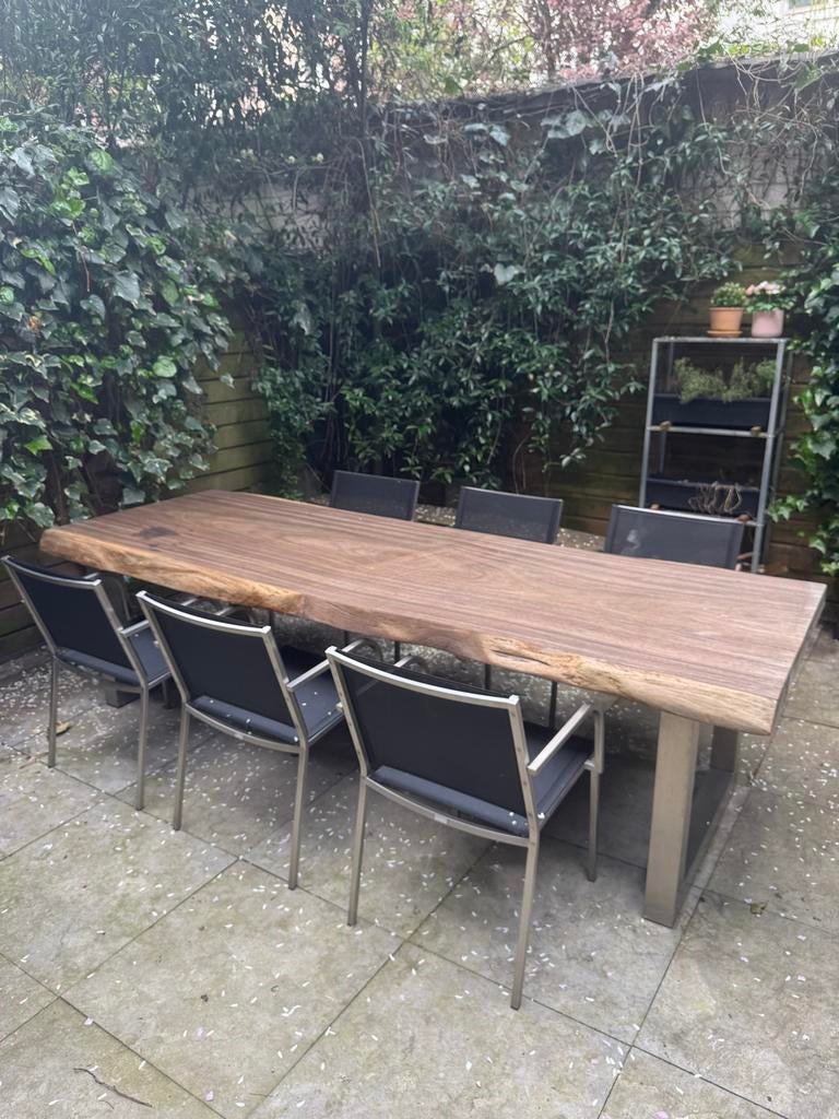 Houten tuintafel met metalen onderstel, Ophalen, Gebruikt, Rechthoekig, Hout