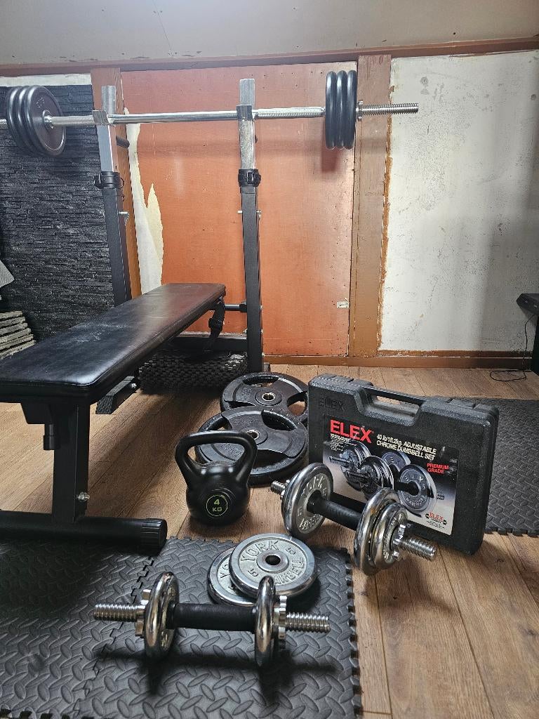 Halterbank met gewichten, Ophalen, Gebruikt, Benen, Fitnessbank