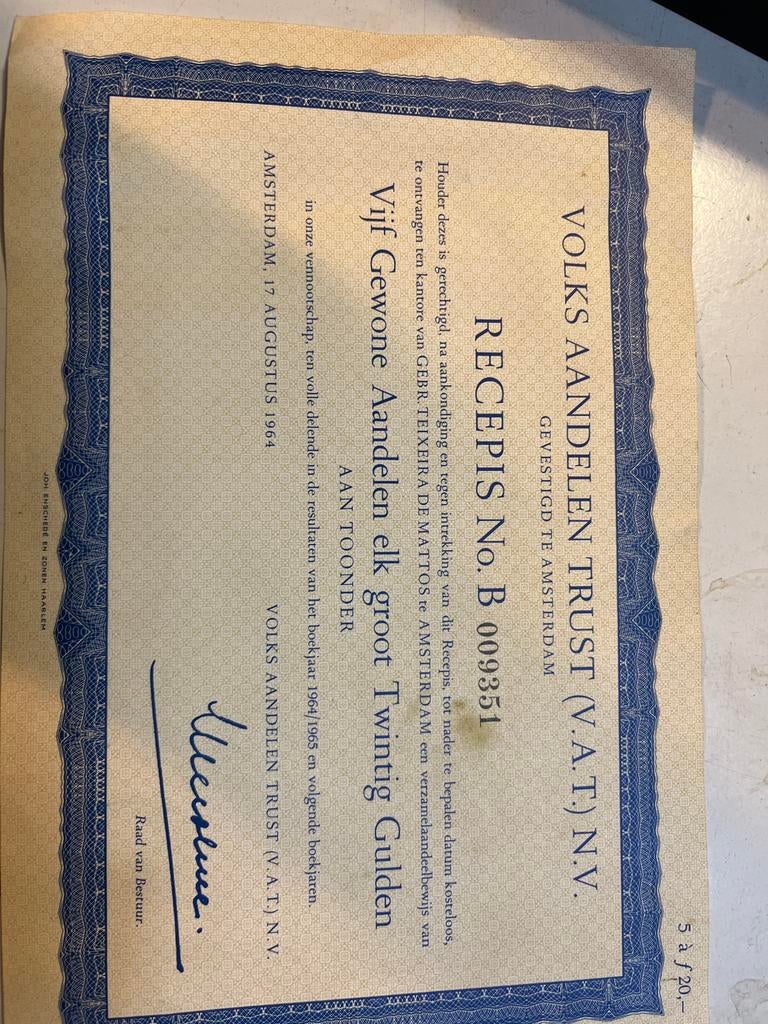 Volks Aandelen Trust N.V. Receptis No. B 009351, Ophalen of Verzenden, 1950 tot 1970, Aandeel