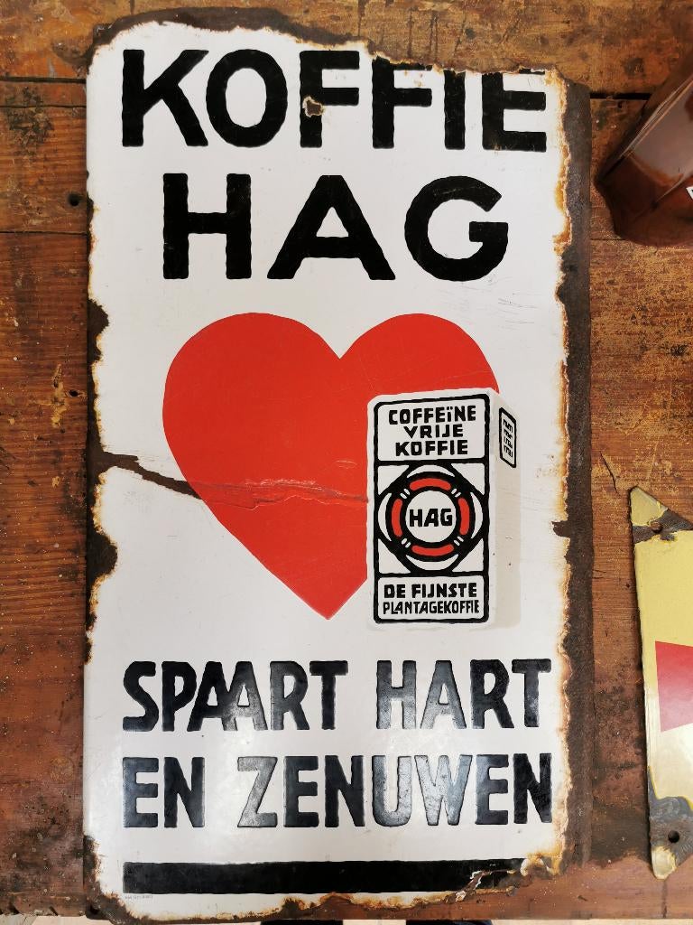 Oud emaille reclame bord koffie Hag, Ophalen of Verzenden, Gebruikt, Reclamebord