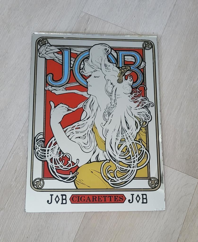 Mooie vintage spiegel met JOB Cigarettes reclame, Ophalen of Verzenden, Rechthoekig, Minder dan 50 cm, Minder dan 100 cm