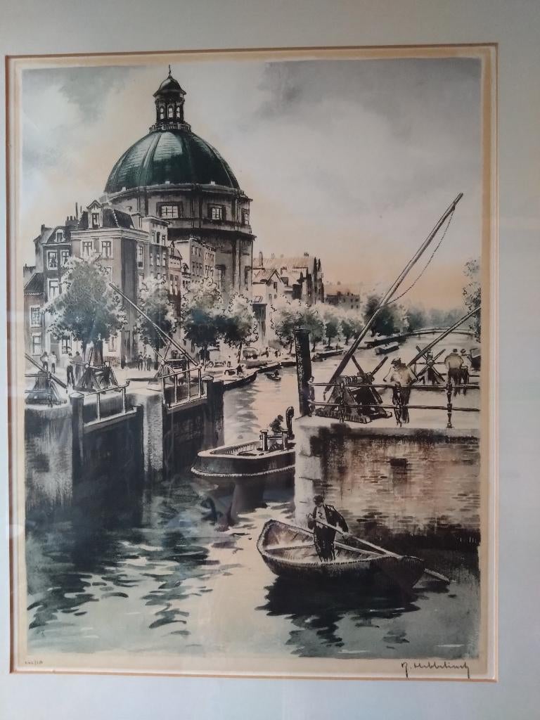 Roger Hebbelinck - Amsterdam Gezicht - Genummerd- litho, Antiek en Kunst, Kunst | Etsen en Gravures, Ophalen