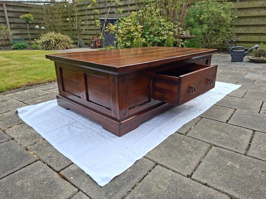 Acacia Houten Salontafel 80x125x40 cm met een groot la, Gebruikt, 100 tot 150 cm, Koloniaal, Minder dan 50 cm