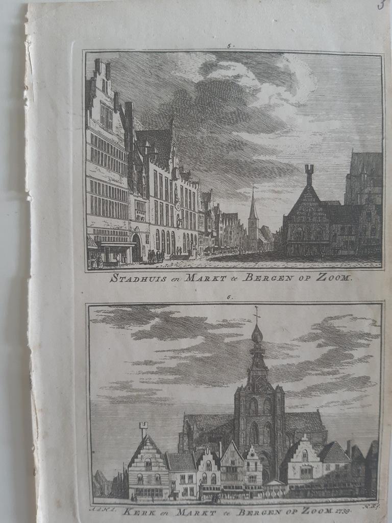 A05-06/ stadhuis en markt en kerk Bergen op Zoom  Gravure, Ophalen of Verzenden