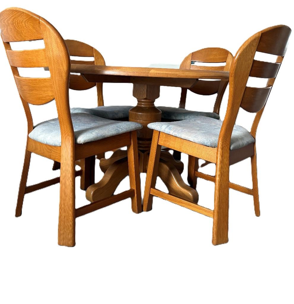 Ronde eettafel + 4 stoelen blank eiken., Ophalen, Gebruikt, Vier personen, 100 tot 150 cm