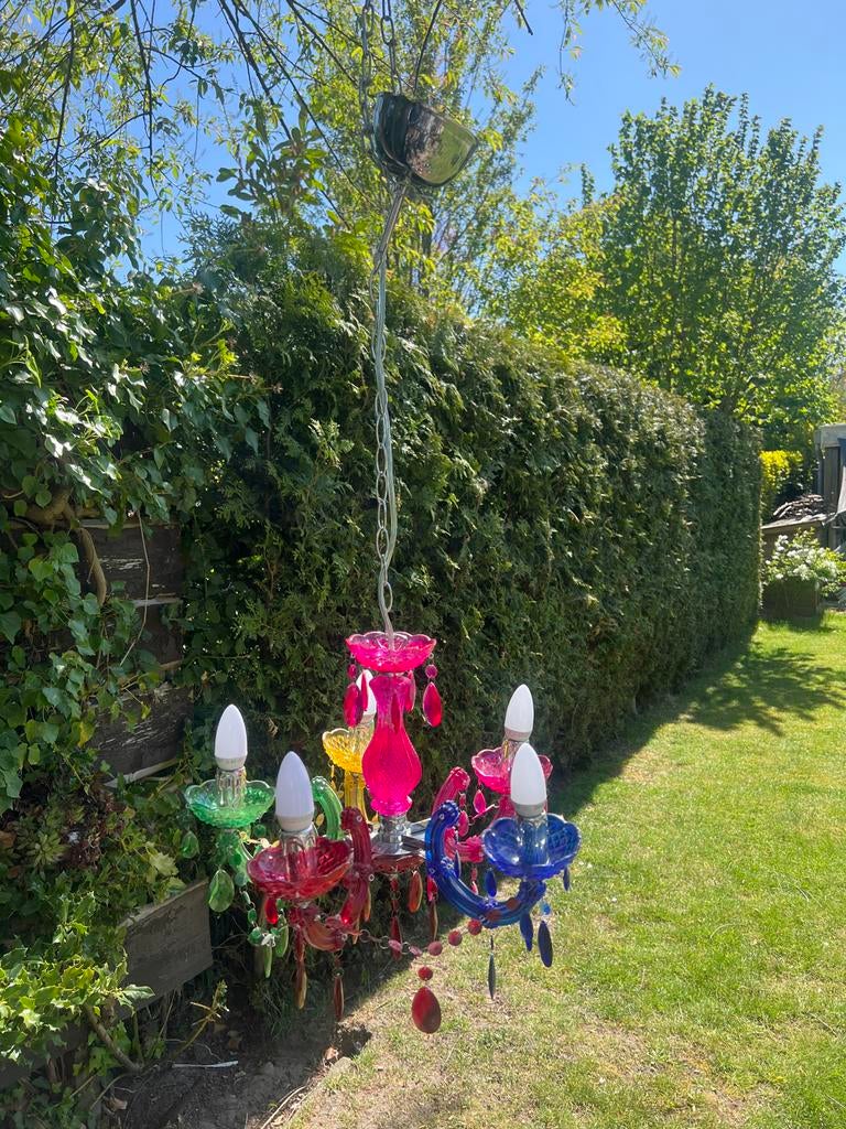 Kleurrijke Kroonluchter - Plastic Groen Blauw Geel Roze Ro, Ophalen of Verzenden, Zo goed als nieuw, Overige materialen