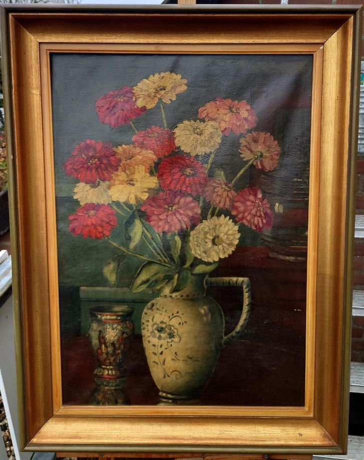 Groot bloemstilleven met Japanse keramiek ~1930, gesign., Antiek en Kunst, Kunst | Schilderijen | Klassiek, Ophalen of Verzenden