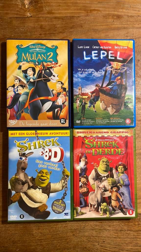 4 DVD’s; Mulan 2, Lepel, Shrek 3D + Shrek de Derde, Cd's en Dvd's, Dvd's | Tekenfilms en Animatie, Zo goed als nieuw, Overige soorten