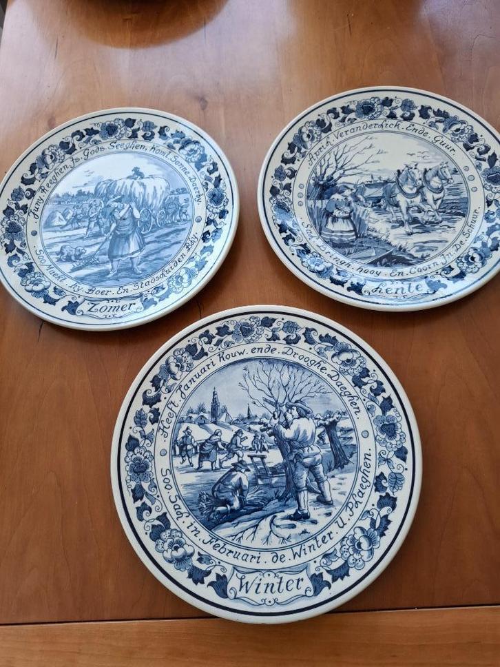3 Delftsblauwe wandborden, uit de serie de 4 jaargetijden, Antiek en Kunst, Antiek | Keramiek en Aardewerk, Ophalen