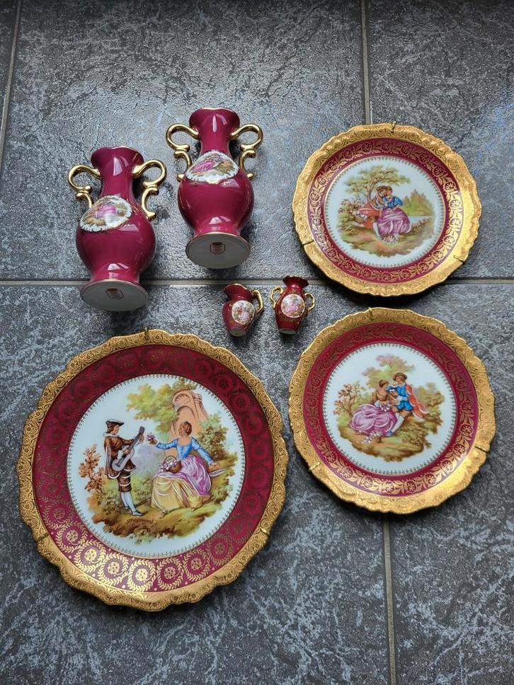7 delig Frans porselein, Limoges-France, wandborden en vazen, Antiek en Kunst, Antiek | Servies compleet, Ophalen