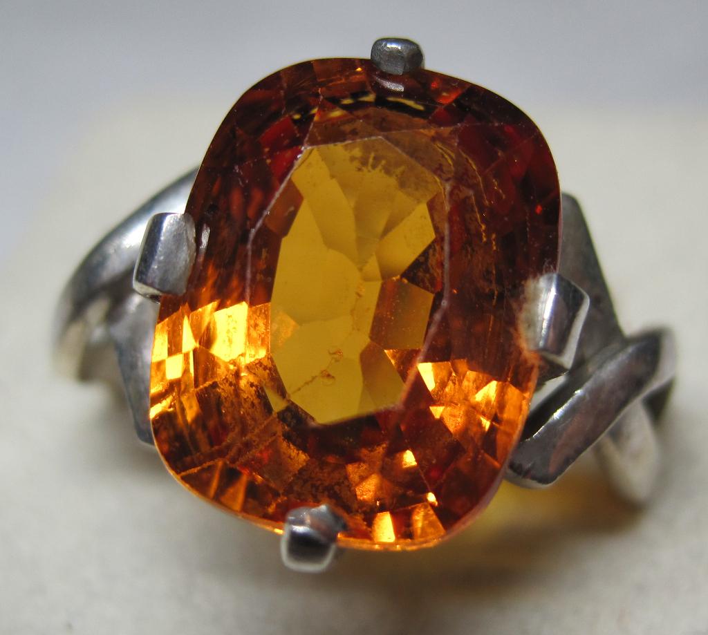Padparadscha saffier design zilver ring circa 1970 zeldzaam, Ophalen, 18 tot 19, Oranje, Zo goed als nieuw