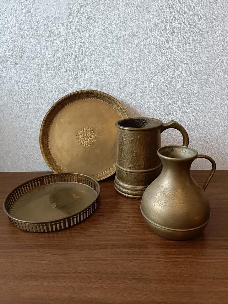 Brocante Messing Set - Dienblad, Schaaltje, Mok & Kan, Antiek en Kunst, Curiosa en Brocante, Ophalen of Verzenden