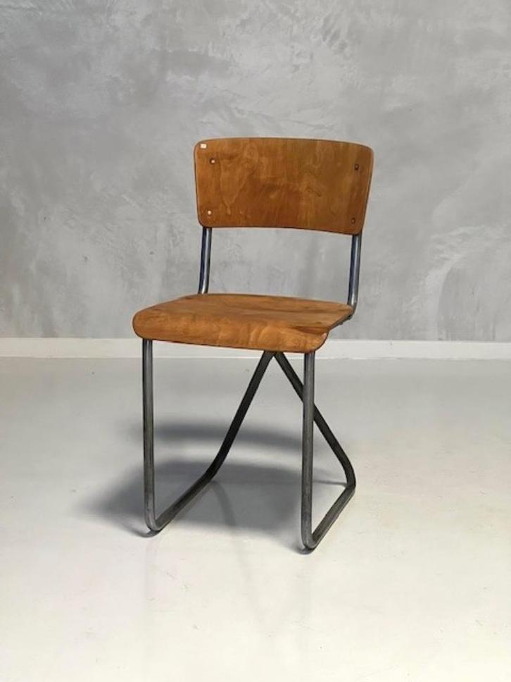 Gispen 212 eetkamerstoel jaren 30 vintage X frame stoel, Huis en Inrichting, Stoelen, Gebruikt, Eén, Hout, Metaal, Bruin, Ophalen